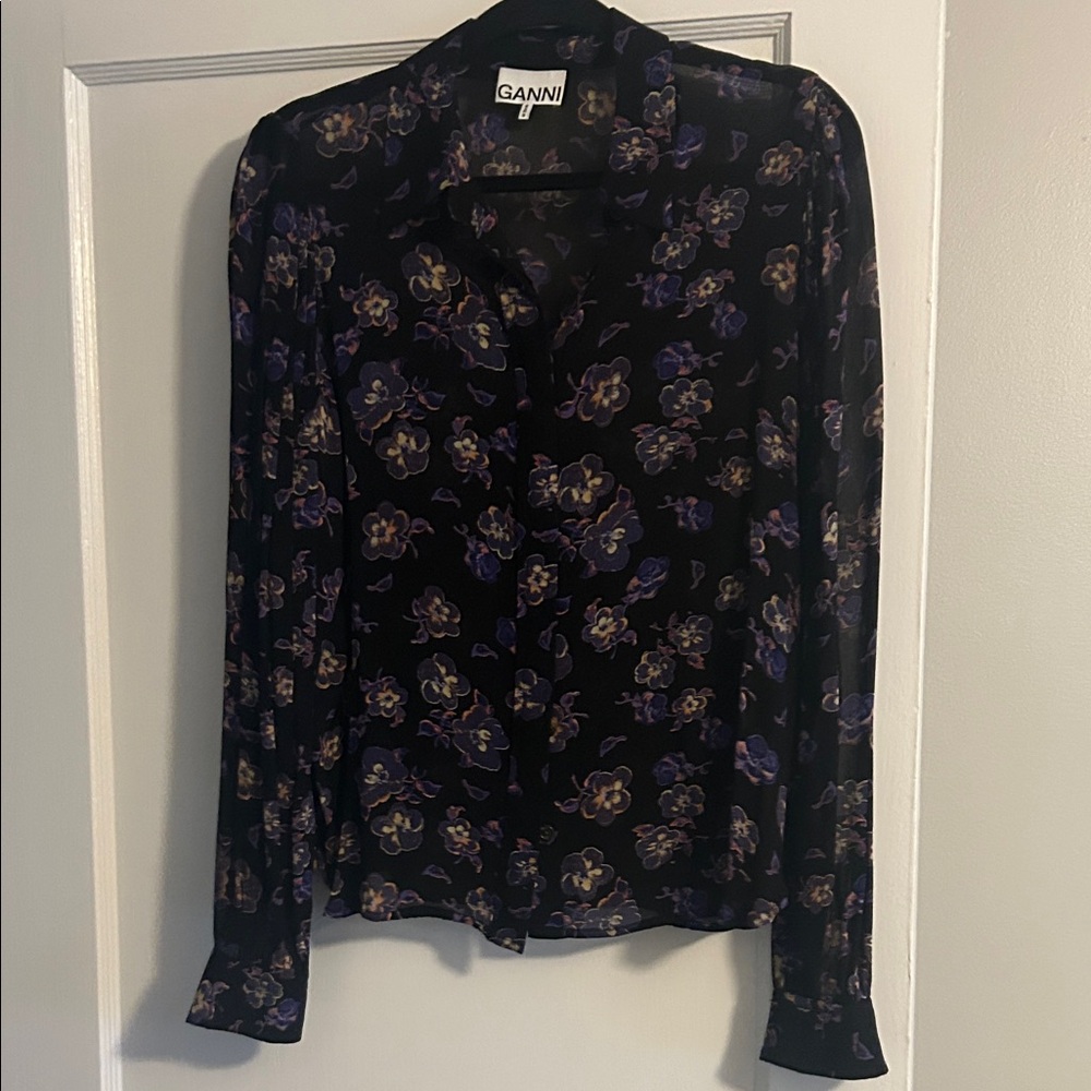 Ganni Black + Purple Floral Blouse, Slightly Sheer w/ matching, detached scarf.